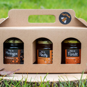 Coffret cadeau – 3 pots de 250g (fleurs, forêt, montagne)